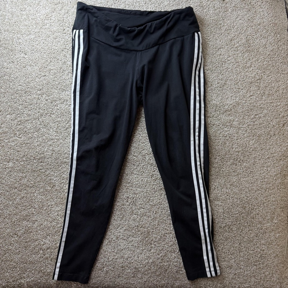 Adidas Leggings Womens 2X Black High Rise Ankle 3 Stripe Yoga Pants Trefoil